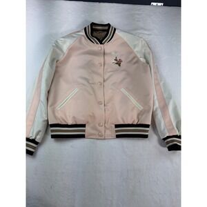 Coach Pink Varsity Jacket Floral Embroidered Bomber Monogram Reversible SZ Large